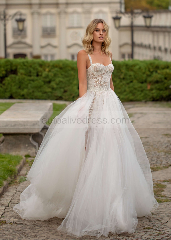 Beaded Lace Mini Wedding Dress With Tulle Skirt